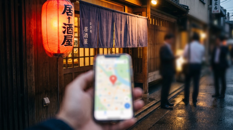 夜の店先で地図アプリを開くお客様の手元