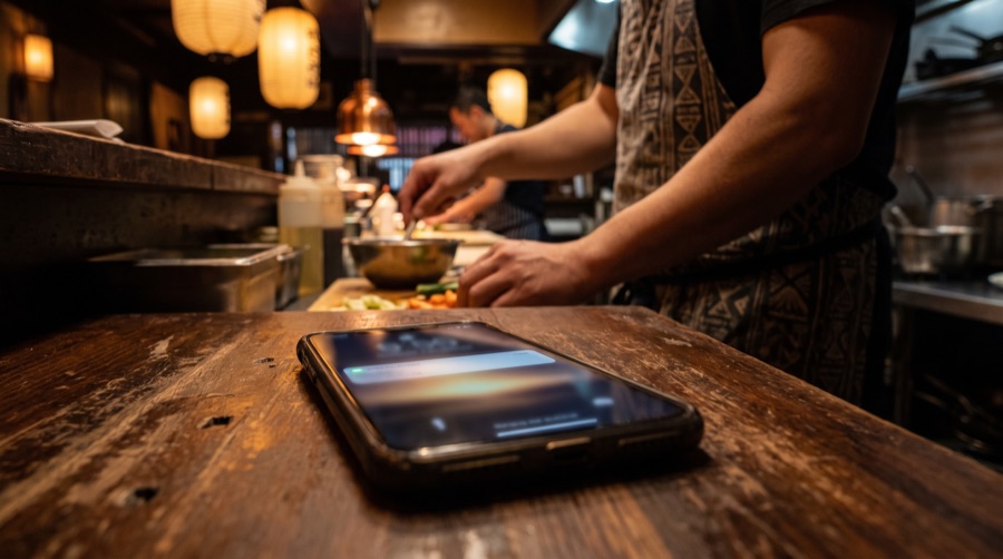調理場のカウンターで光るスマホの通知